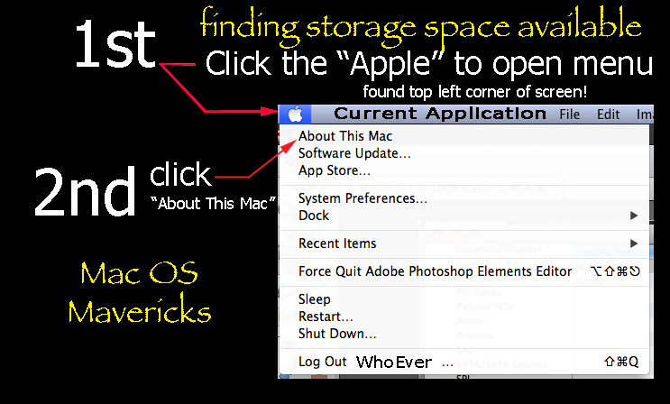 step 1 in Mac OS Mavericks: click the apple to open menu and step 2 click About This Mac