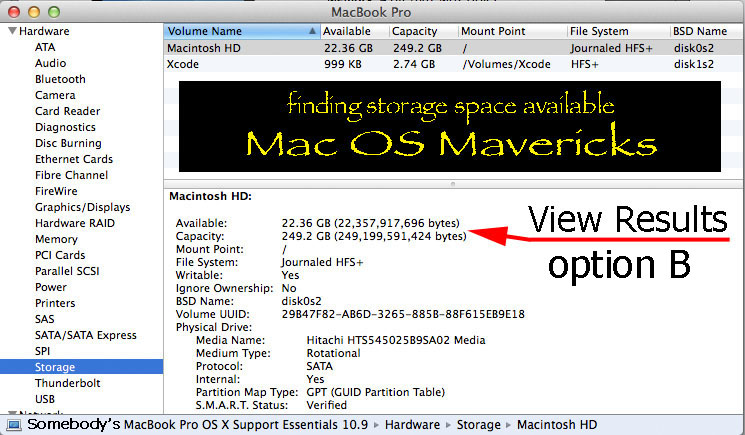  in Mac OS Mavericks: option B view Available and Capacity for storage space