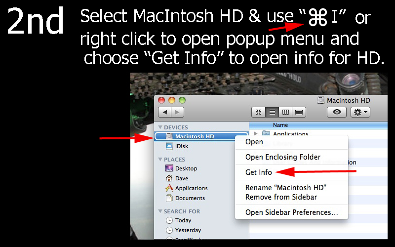 step 2 in Mac OS Snow Leopard: select MacIntosh HD and open Get Info