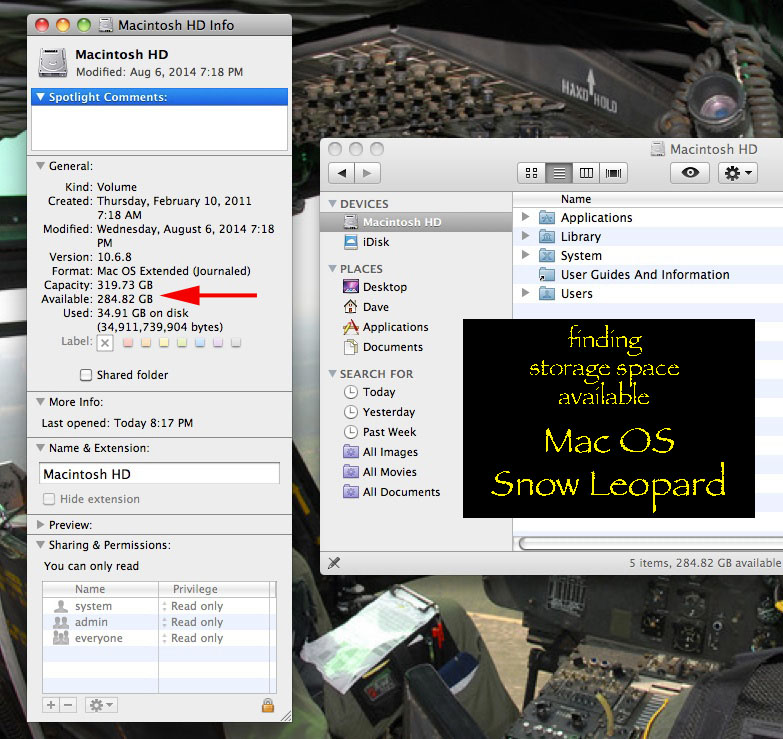 step 3 in Mac OS Snow Leopard: view drive Capacity and Available storage space